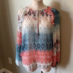 BCBGMAXAZRIA Ruffle Sleeve Long Sleeve Blouse with Boho Print
